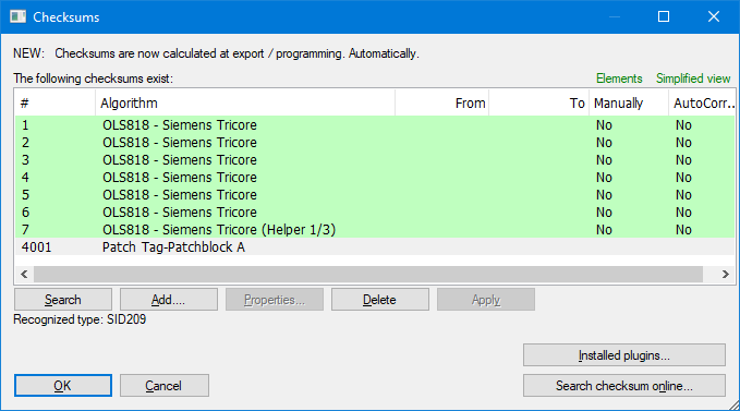 WinOLS checksum plugin window showing an example module